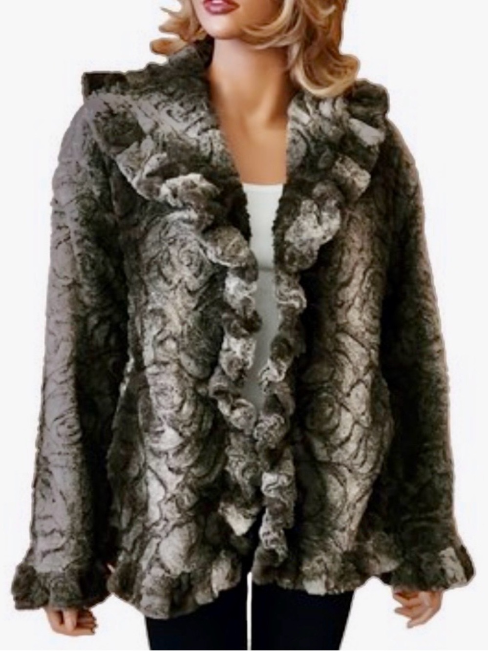 Ashley Stewart Damselle New York brown faux fur ruffled jacket size 22/24
